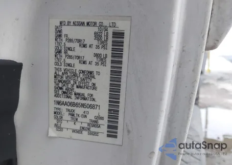 2005 Nissan Titan Se z USA, uszkodzony, nr VIN 1N6AA06B65N506871